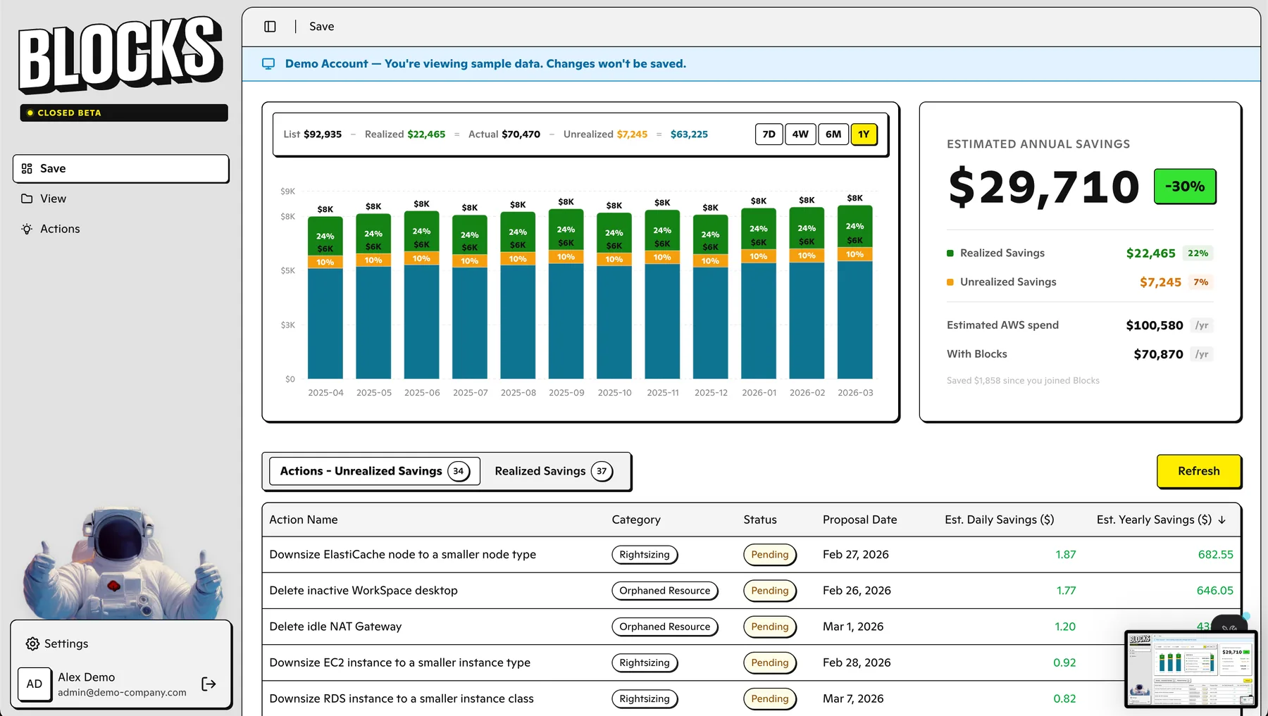 blocks.cloud Savings Dashboard mit Einsparungsanalyse und Tabellen