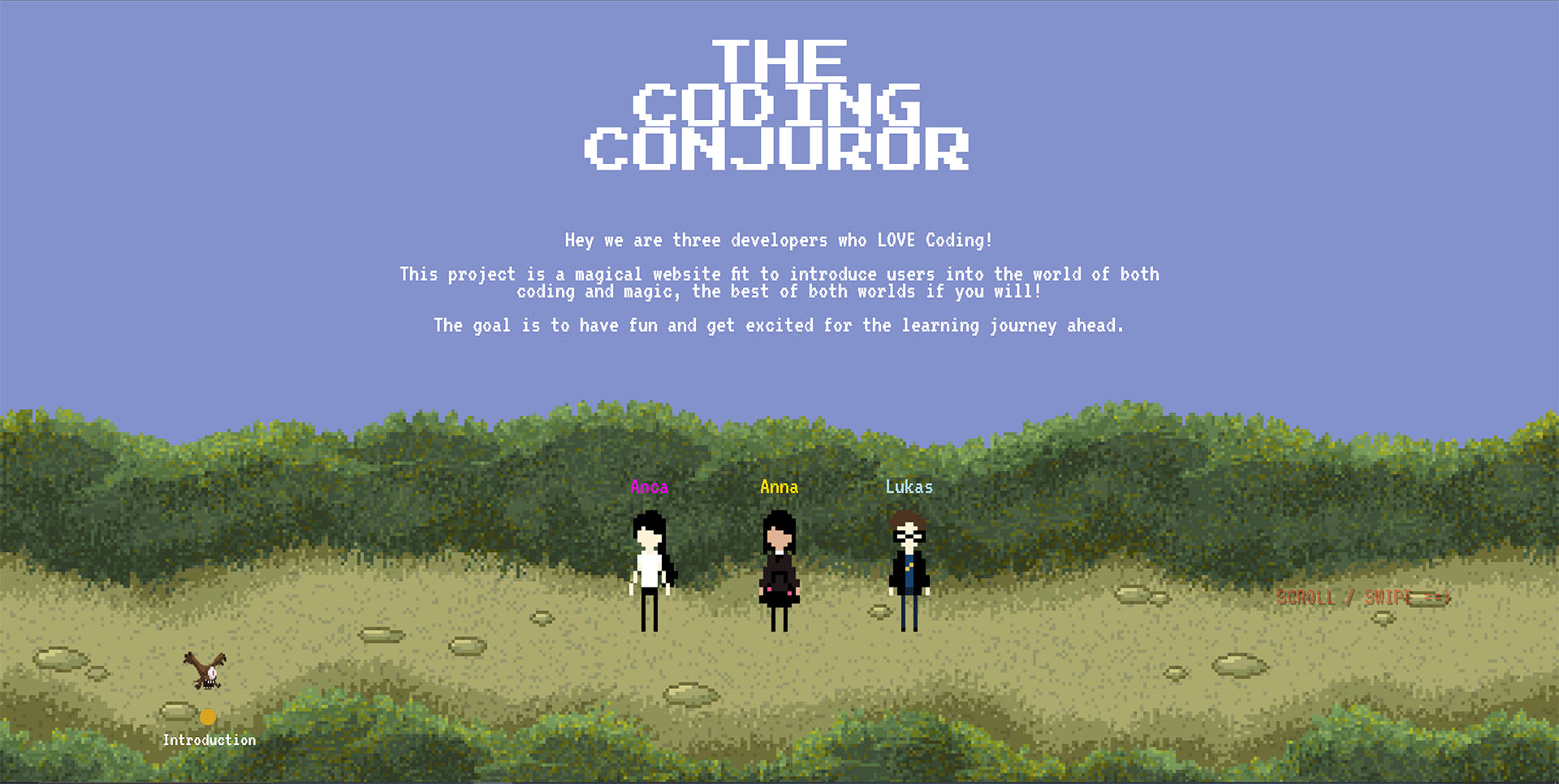 Coding Conjuror learning game start screen in pixel art