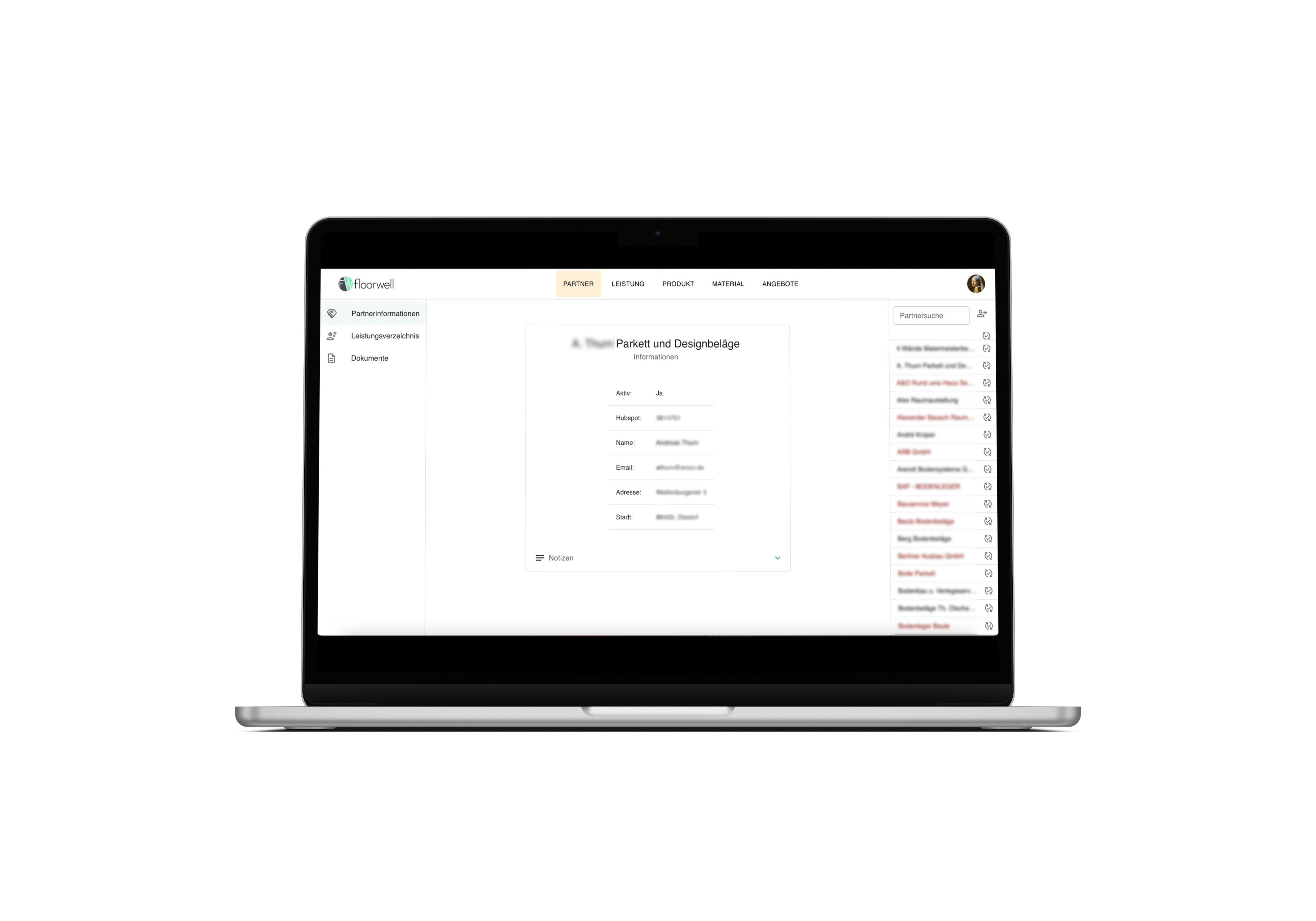 Floorwell CRM Detailansicht mit Formularen und Kundendaten