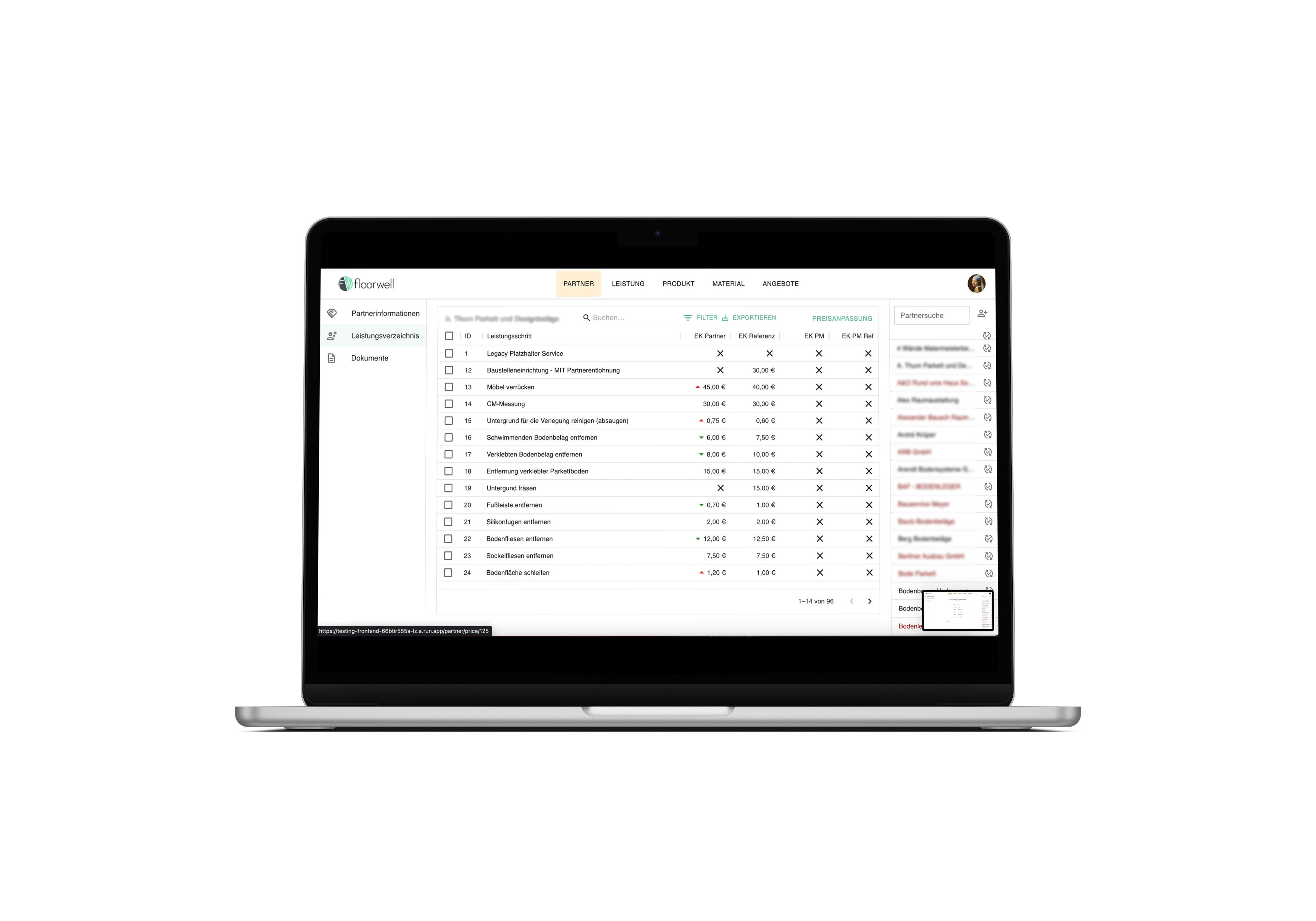 Floorwell CRM Dashboard mit Tabellen und Statusinformationen