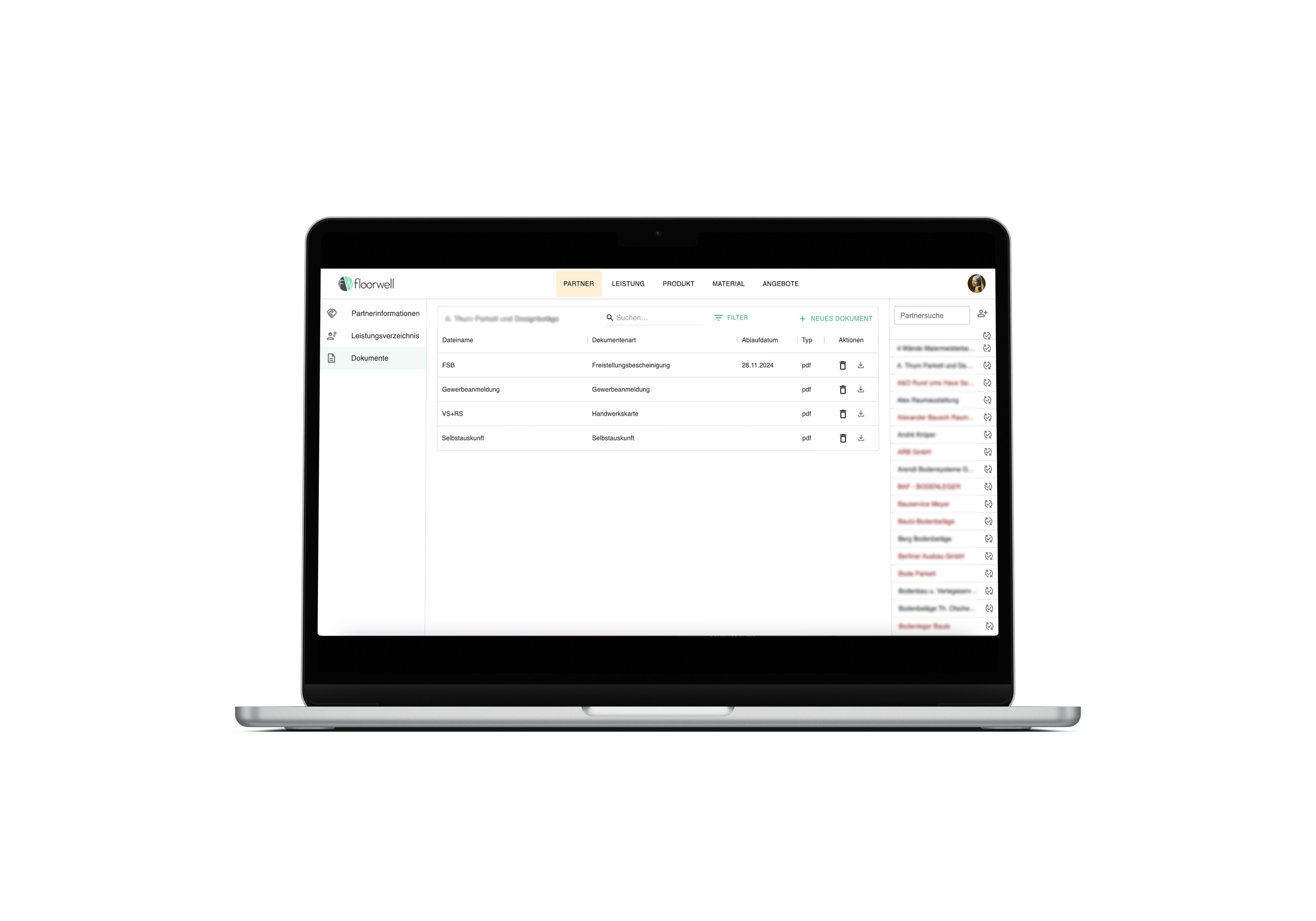 Floorwell CRM Tabelle mit interaktiver Datenbearbeitung