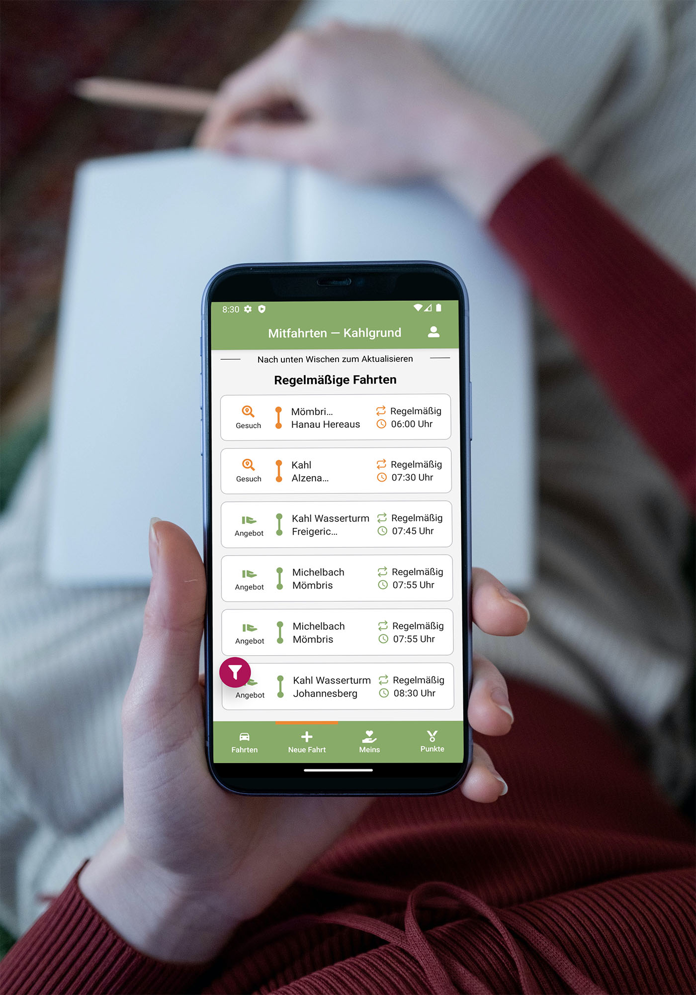 Mobitafel App-Screen mit nachhaltiger Mobilitätsübersicht